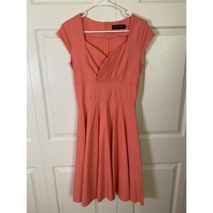 GownTown Coral Pink Fit and Flare Vintage Style Midi Dress with Pockets Size M